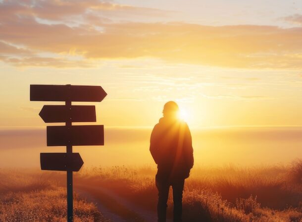 Man standing by a sign and looking out at different paths while the sun shines in front of him