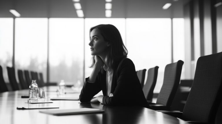 Woman thinking about how to practice self-compassion at conference table