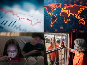 Montage with 4 images depicting disruption. Upper left: volatile economic charts and graphs. Upper right: global map with orange outlines around countries. Lower left: kids lost in the glow of their tech devices. Lower right: middle-aged daughter and older mother with mask on separated by a window during pandemic social distancing.