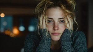 A woman wearing a cozy sweater looking visibly frazzled and experiencing emotional exhaustion, illustrating the feeling of why does life feel so heavy.