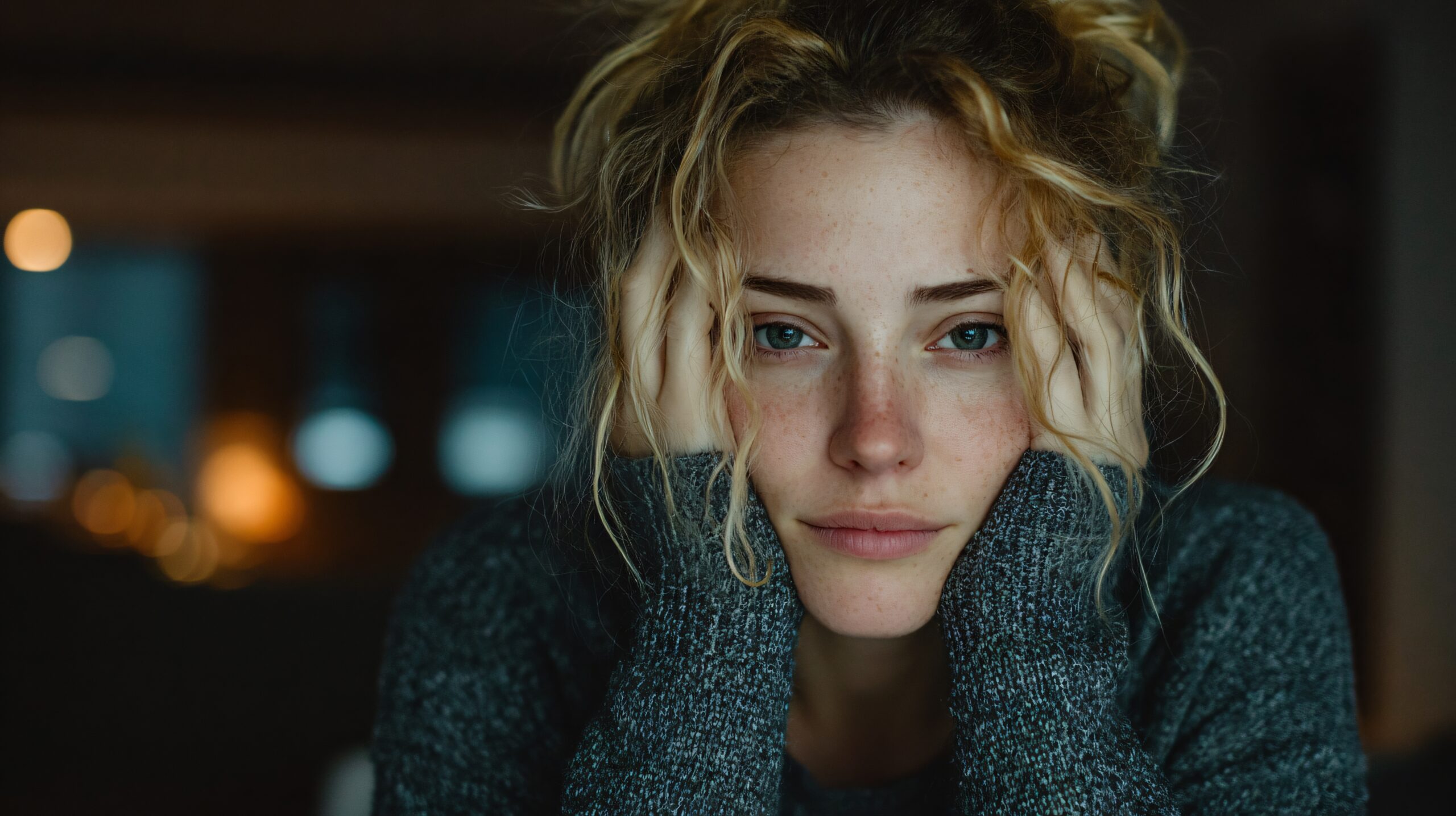 A woman wearing a cozy sweater looking visibly frazzled and experiencing emotional exhaustion, illustrating the feeling of why does life feel so heavy.