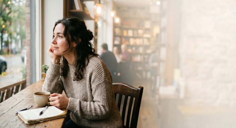 Young woman looking thoughtfully out a cafe window while doing a mid-year life review in her journal next to a cup of coffee.