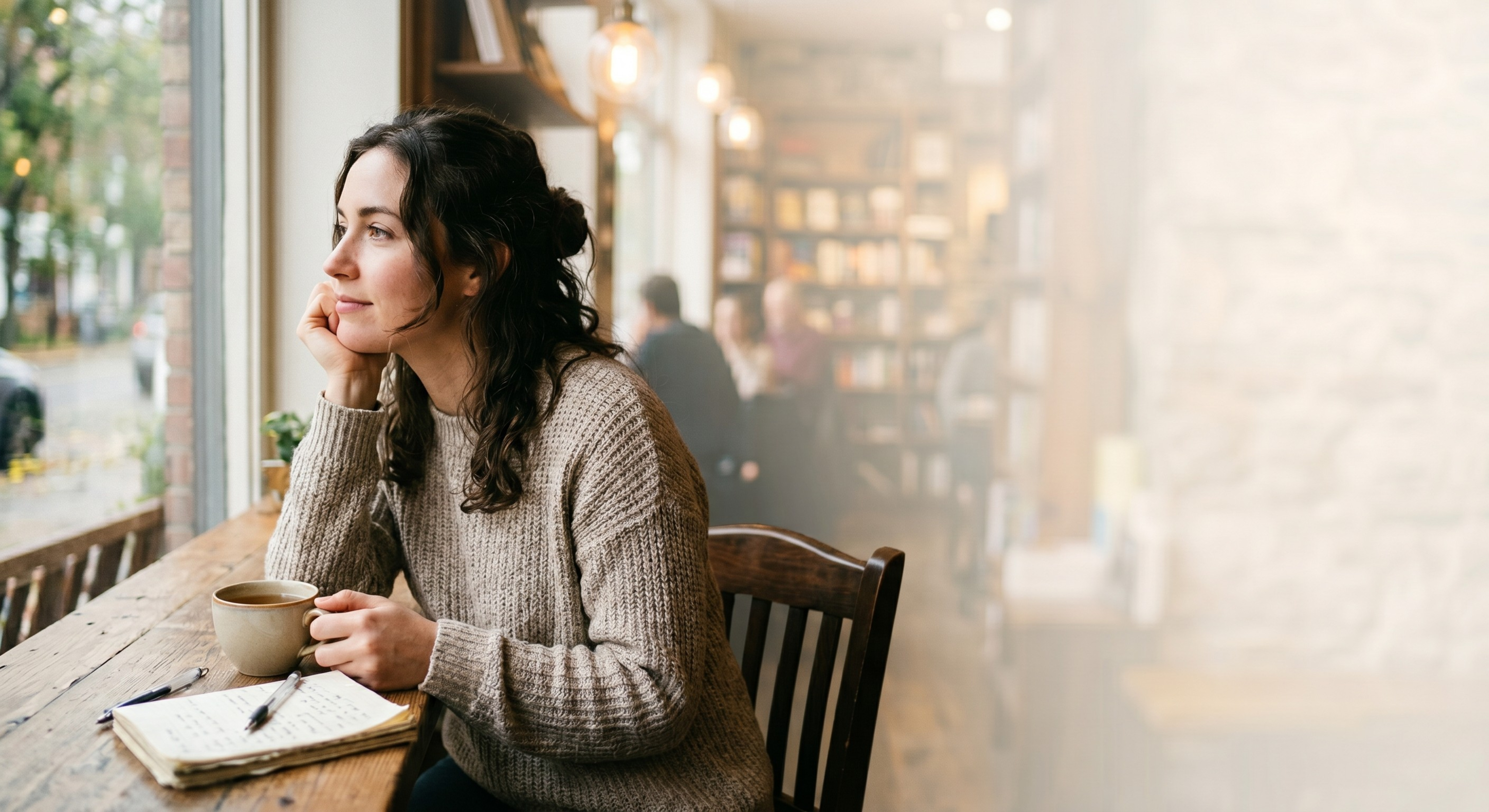 Young woman looking thoughtfully out a cafe window while doing a mid-year life review in her journal next to a cup of coffee.